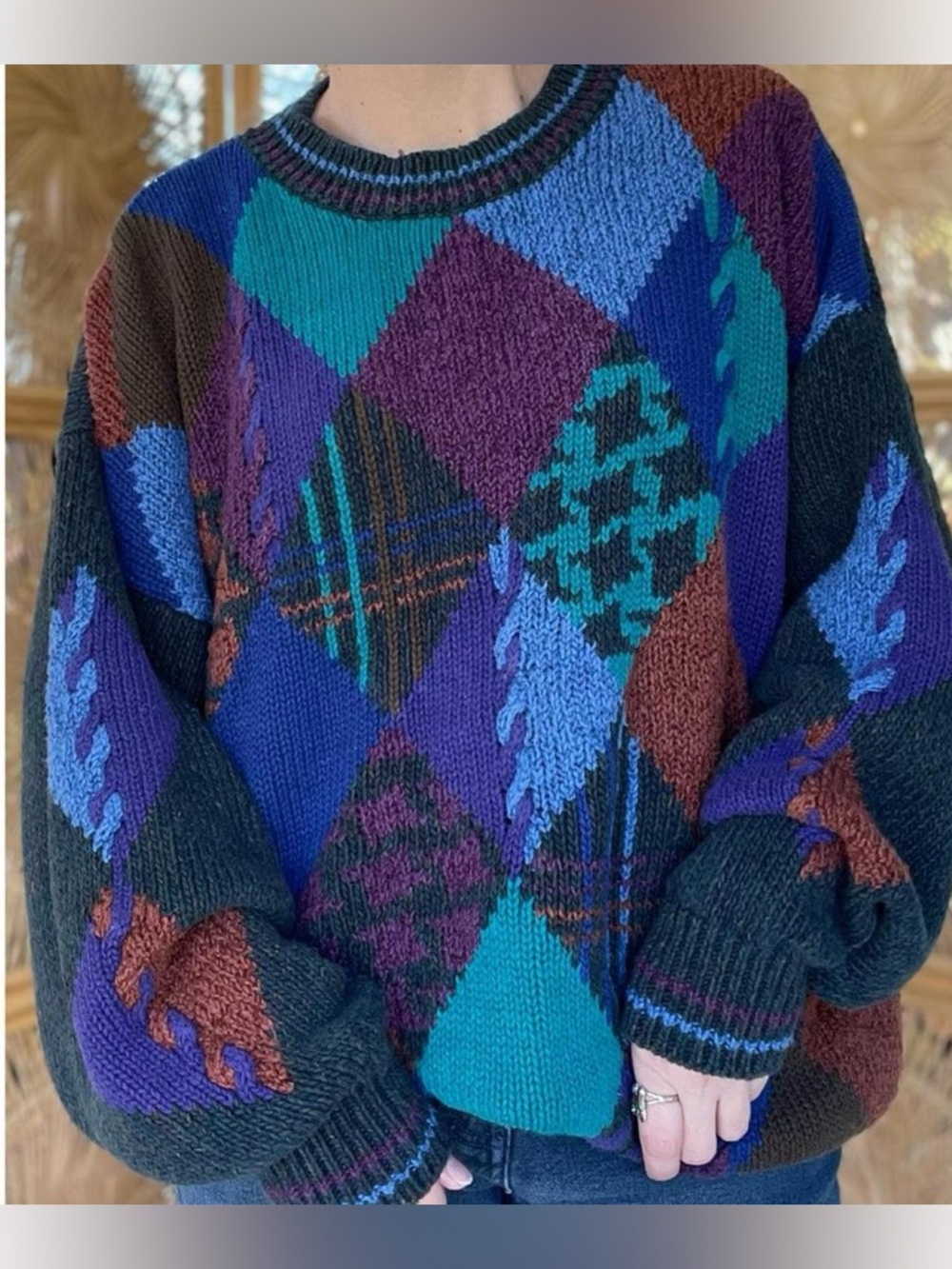 Vintage Tower Bay Chunky Multicolored Argyle Knit Retro Funky Grandpa Sweater